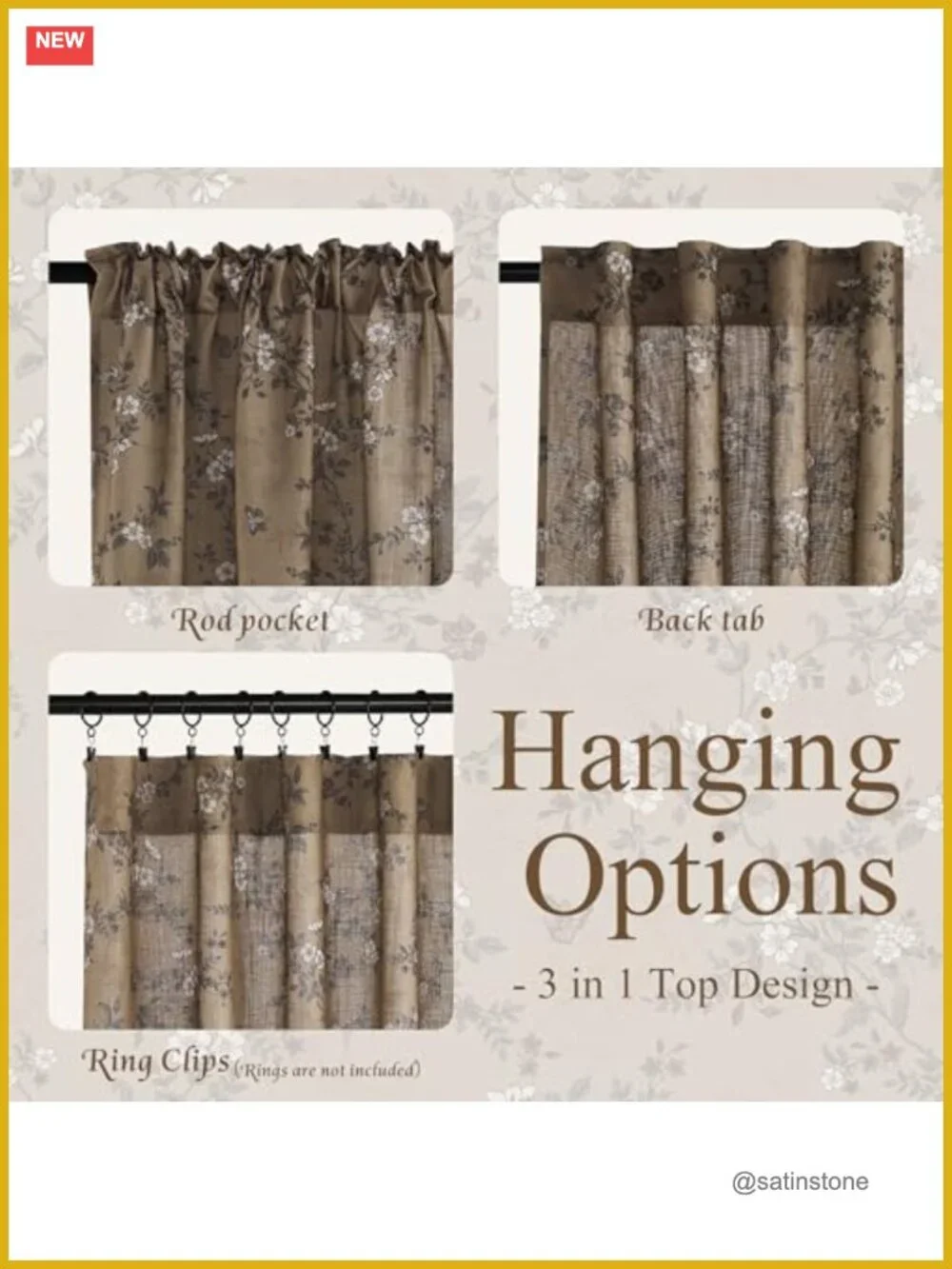 Floral Vintage Farmhouse Linen Curtains Light Filtering Privacy Drapes Backtab